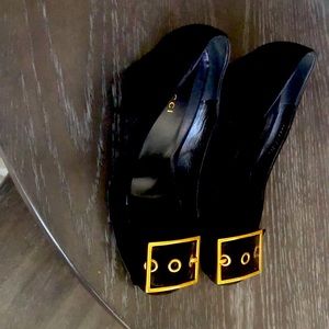 Gucci Black suede heals with classic gold buckle
